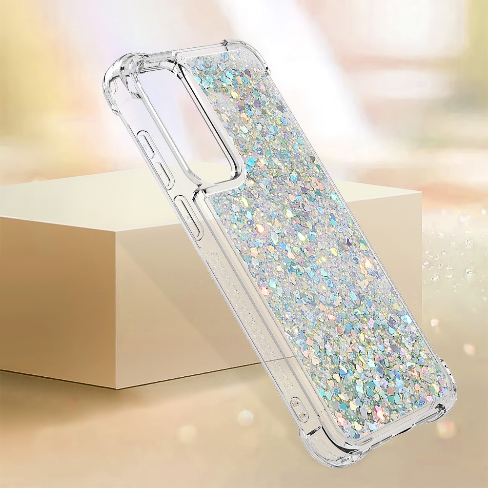 Glitter gélový presýpací obal na Samsung Galaxy A35 5G - strieborný/srdiečka