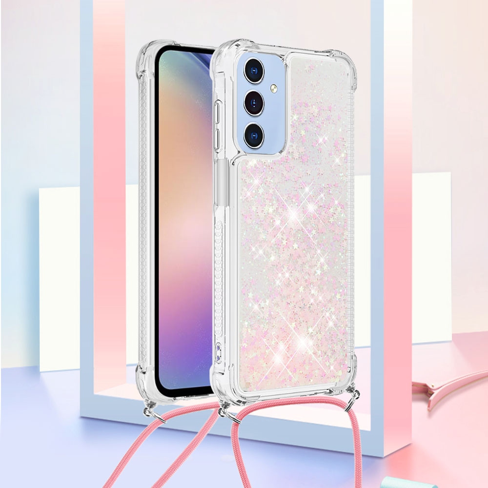 Glitters presýpacie gélový obal so šnúrkou na Samsung Galaxy A17 5G - ružový/hviezdičky