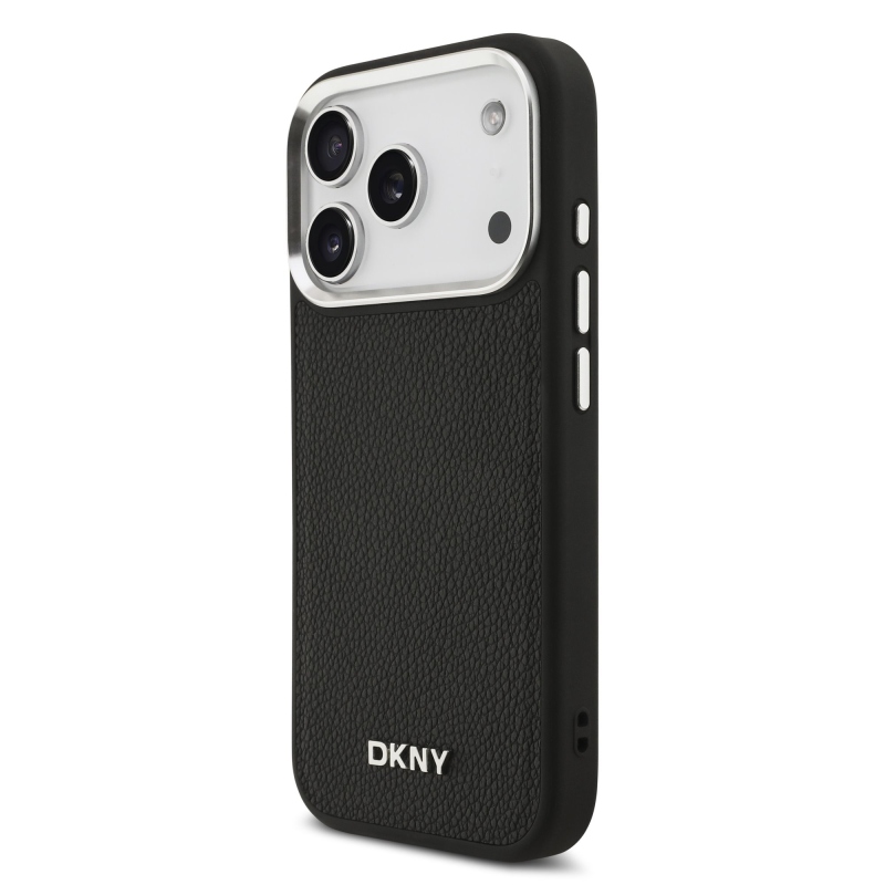 DKNY PU kožený kovový kryt s logom na zápästie MagSafe Back Cover pre iPhone 17 Pro Black