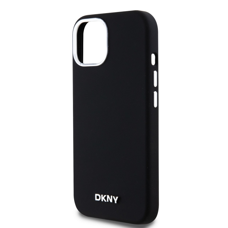 DKNY Liquid Silicone Silver Metal Logo Magsafe Zadný Kryt pre iPhone 15 Black