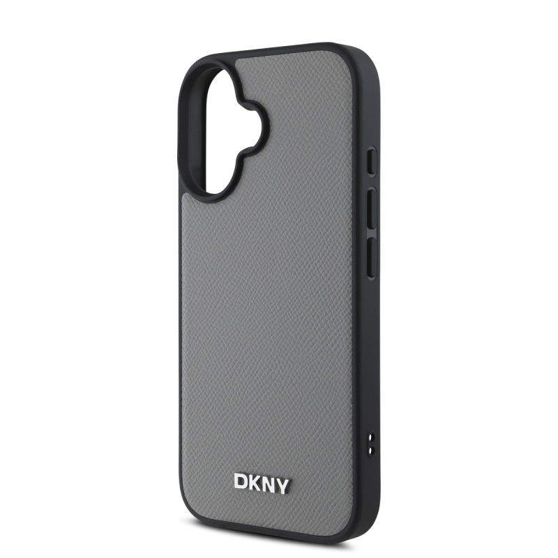 DKNY PU Leather Silver Metal Logo Magsafe Zadný Kryt pre iPhone 16 Grey