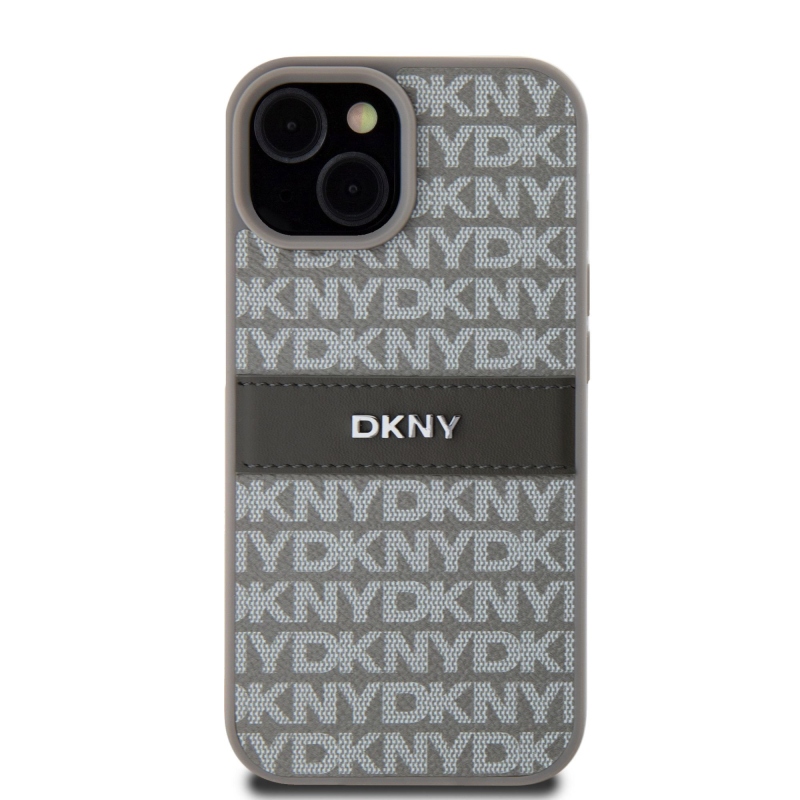 DKNY PU Leather Repeat Pattern Tonal Stripe Zadný Kryt pre iPhone 15 Beige