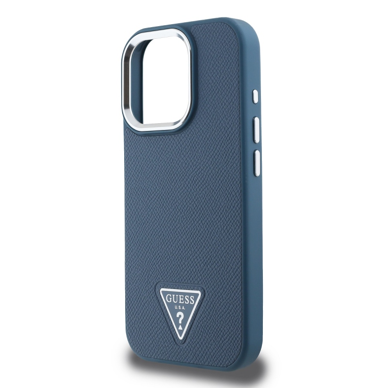 Guess PU Grained Triangle Logo Zadný Kryt pre iPhone 16 Pro Max Blue