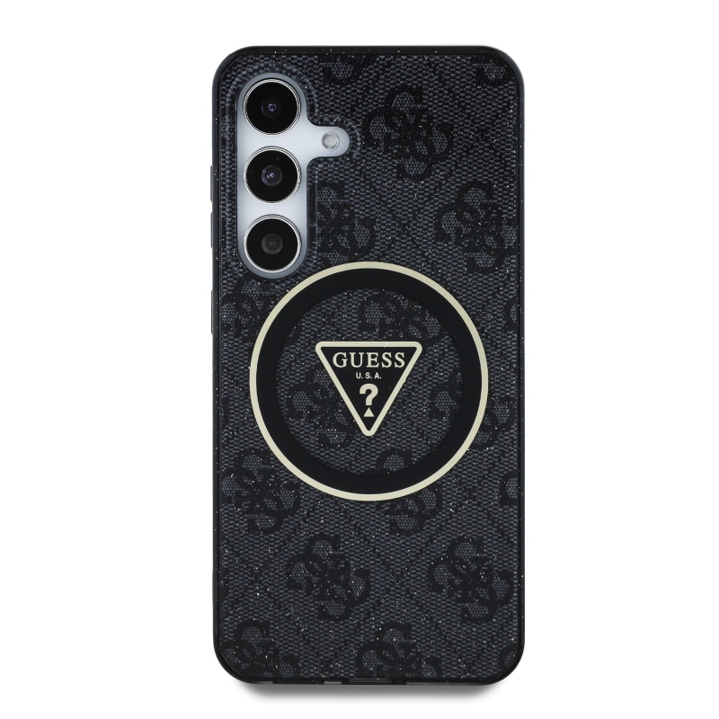 Guess IML 4G Glitter and Triangle Logo MagSafe Zadný Kryt pre Samsung Galaxy S25 Black