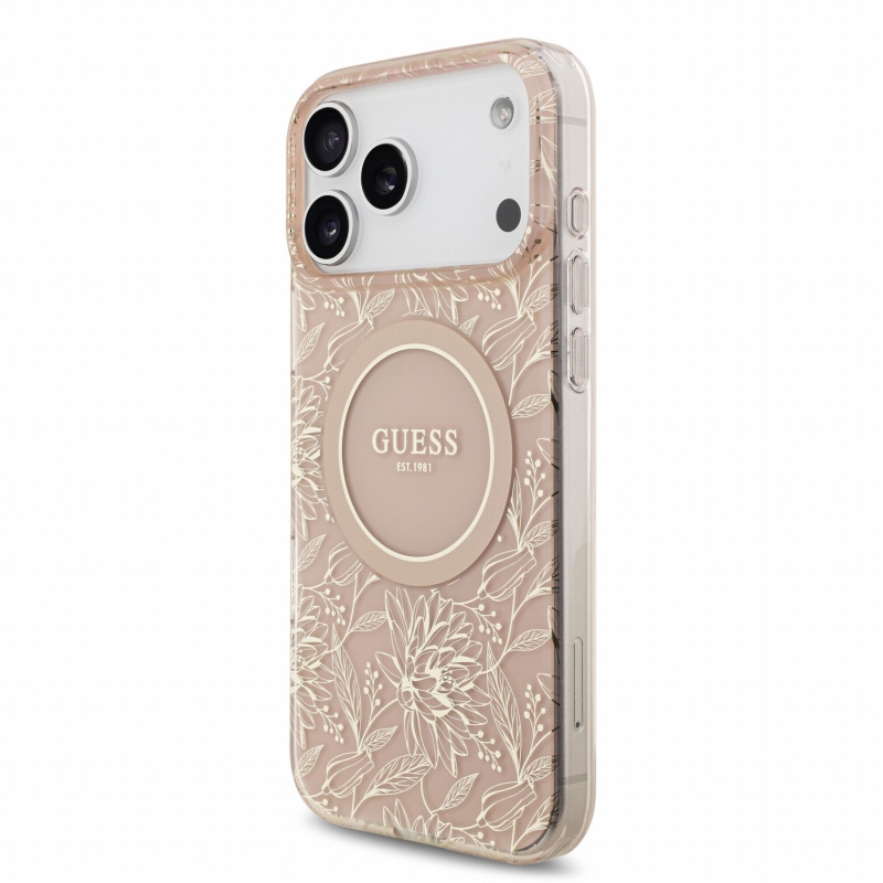 Guess IML Flowers Allover Strap MagSafe zadný kryt pre iPhone 18 Pro Max, ružový