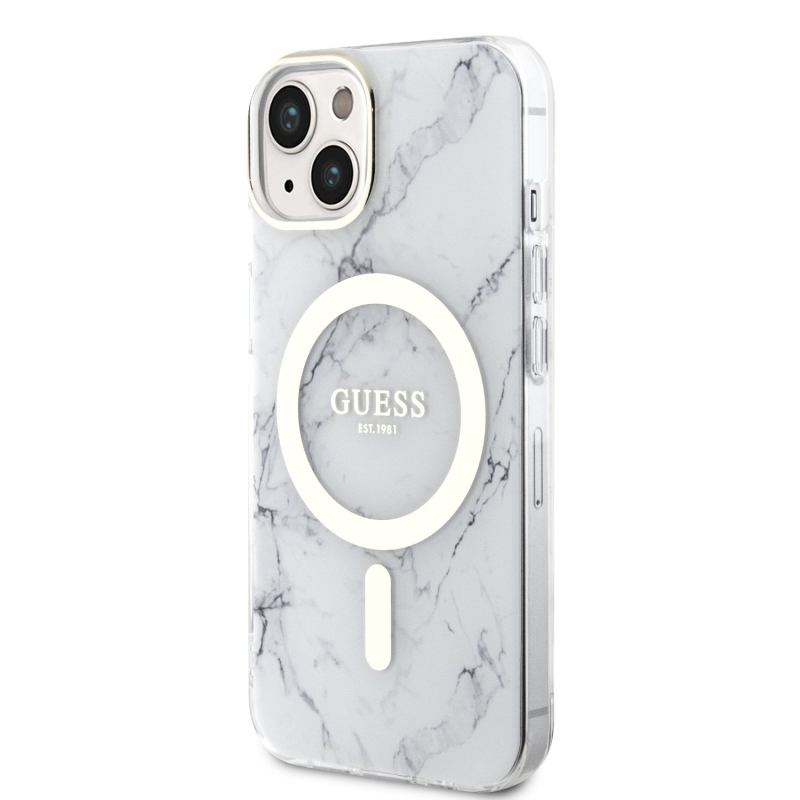 Guess IML Marble MagSafe Zadný Kryt pre iPhone 13 White