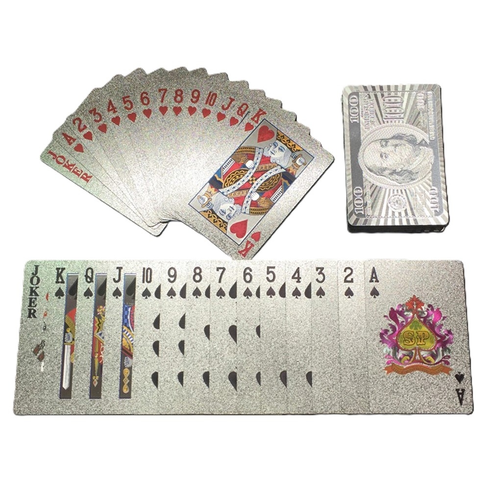 Vodeodolné plastové hracie karty 100 dolárov v striebornom prevedení 54 ks