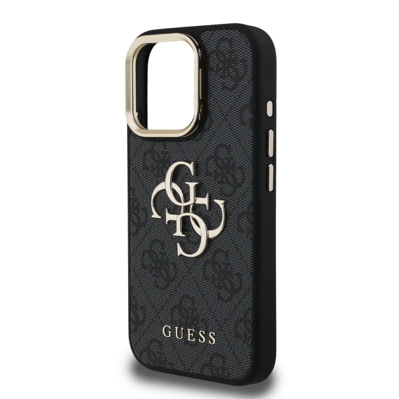 Guess PU 4G Metal Logo Stand Camera Frame Zadný Kryt pre iPhone 16 Pro Max Black