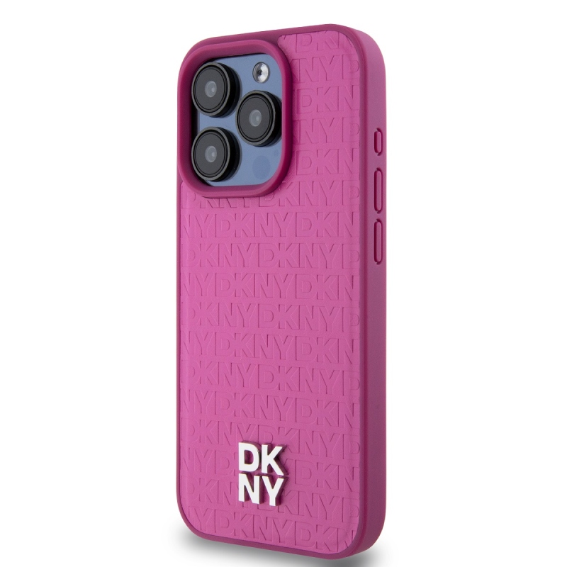 DKNY PU Leather Repeat Pattern Stack Logo Magsafe Zadný Kryt pre iPhone 15 Pro Pink