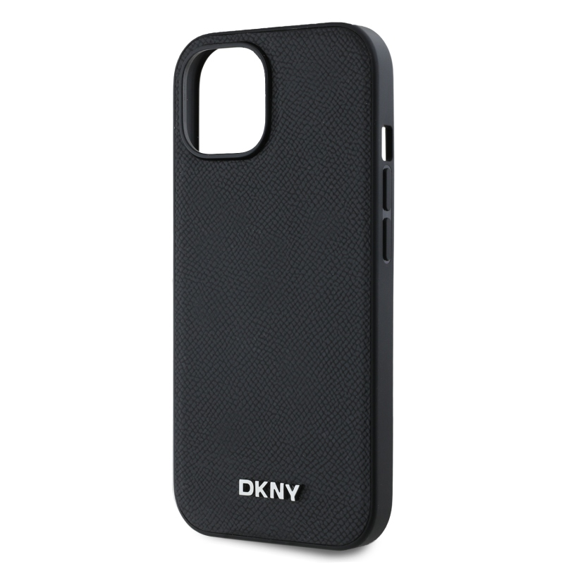 DKNY PU Leather Silver Metal Logo Magsafe Zadný Kryt pre iPhone 13 Black