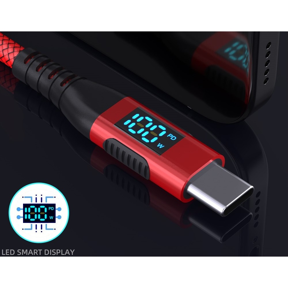 Nylonový kábel USB-C / USB-C s displejom 1m 100W - červený