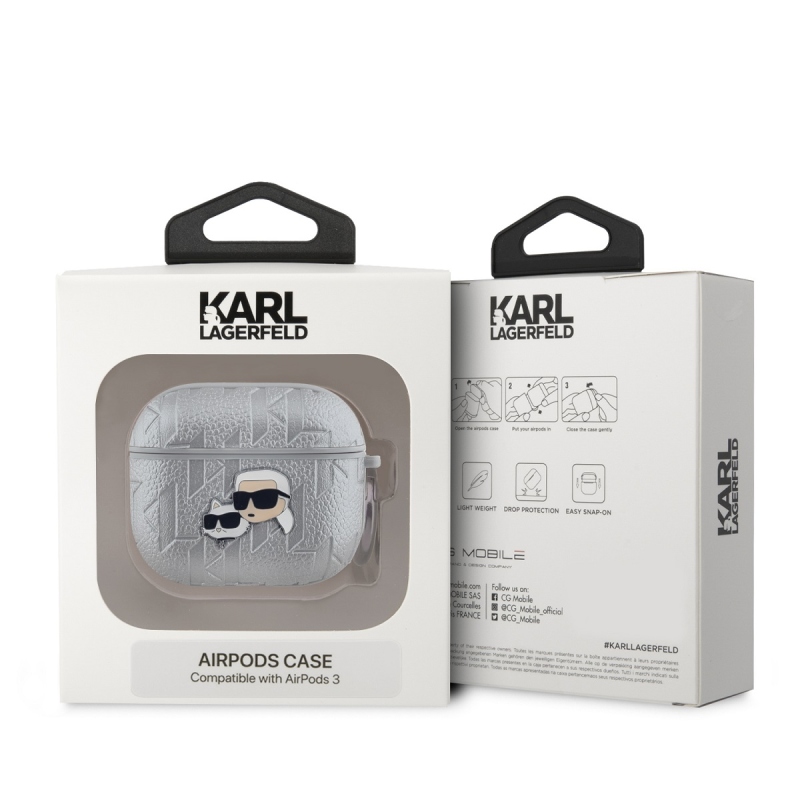 Karl Lagerfeld PU Embossed Karl and Choupette Heads Puzdro pre AirPods 3 Silver