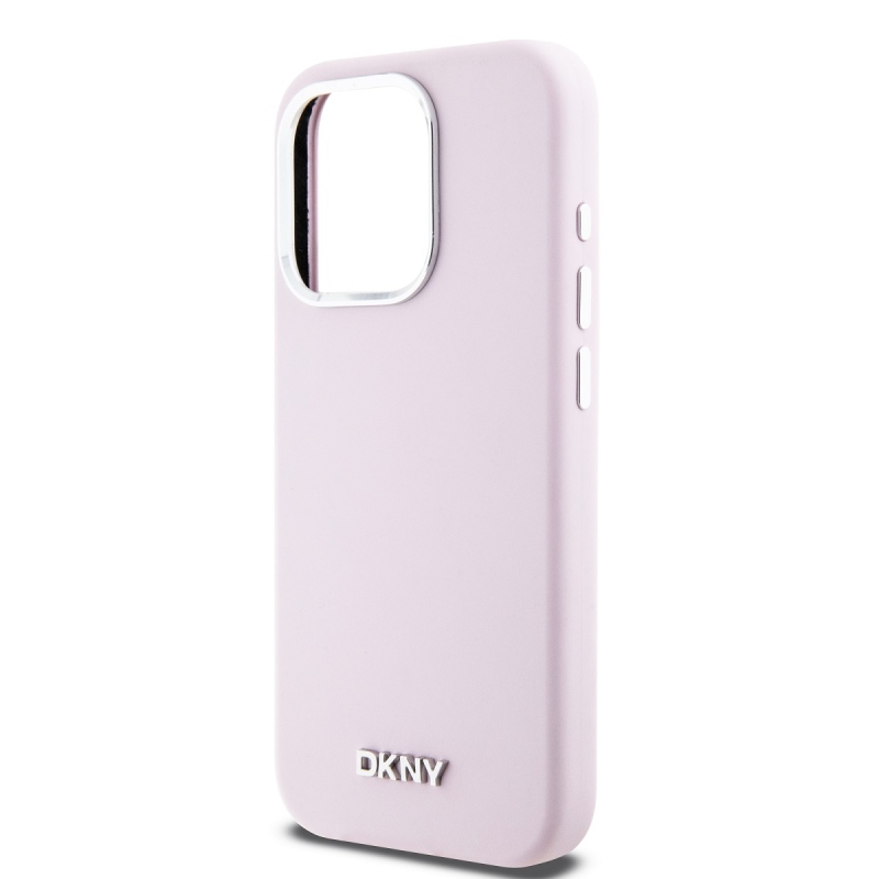 DKNY Liquid Silicone Silver Metal Logo Magsafe Zadný Kryt pre iPhone 15 Pro Pink