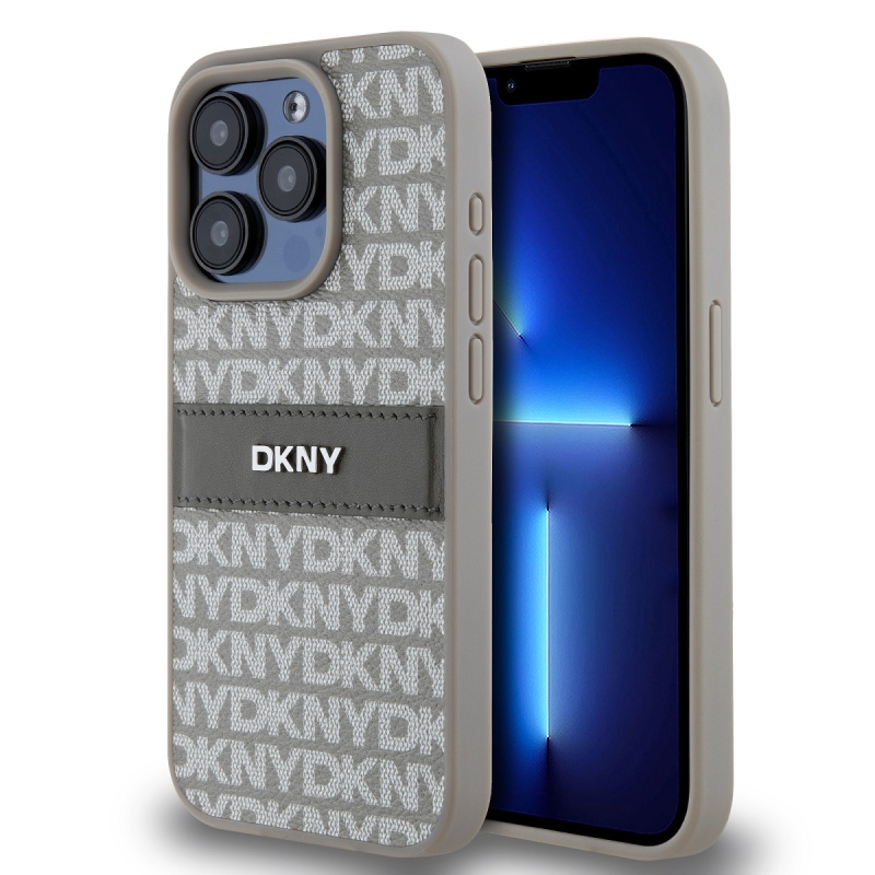 DKNY PU Leather Repeat Pattern Tonal Stripe Zadný Kryt pre iPhone 15 Pro Beige