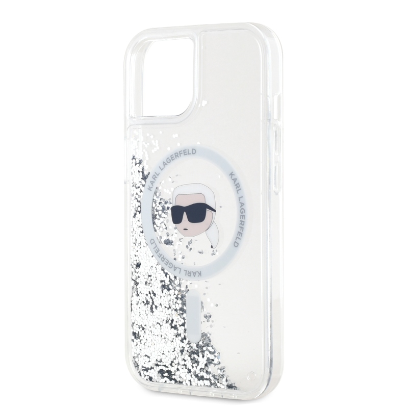 Karl Lagerfeld Liquid Glitter Karl Head Magsafe Zadný Kryt pre iPhone 15 Transparent