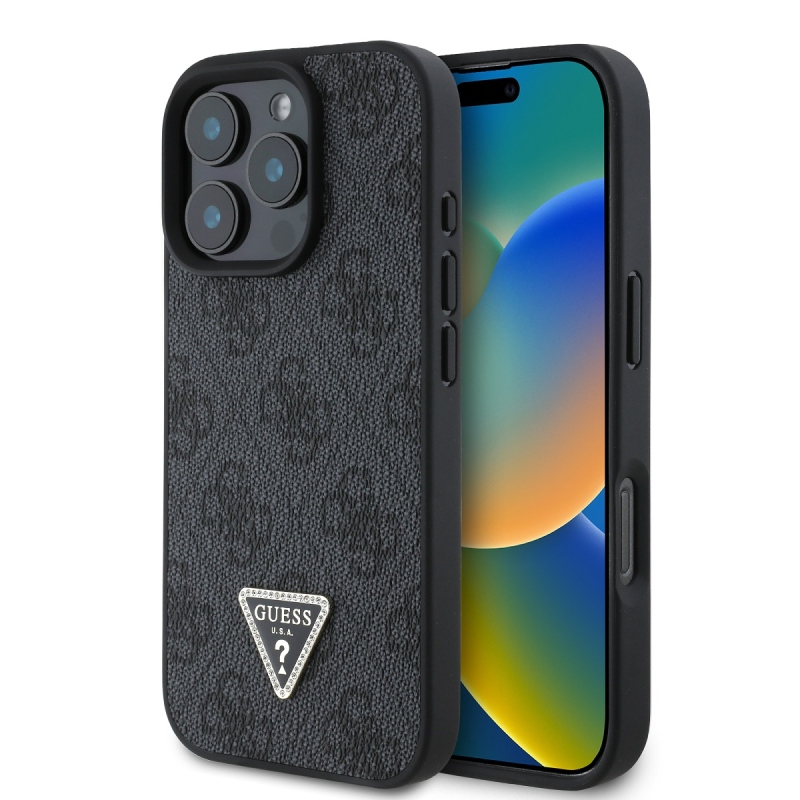 Guess PU 4G Strass Triangle Metal Logo Zadný Kryt pre iPhone 16 Pro Black