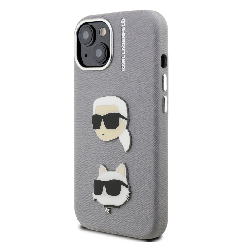 Karl Lagerfeld Grained PU K&CH Heads Zadný Kryt pre iPhone 15 Grey