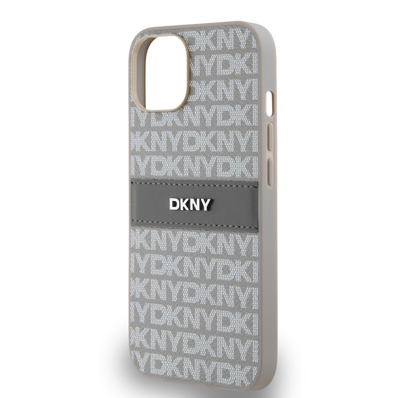 DKNY PU Leather Repeat Pattern Tonal Stripe Zadný Kryt pre iPhone 14 Beige