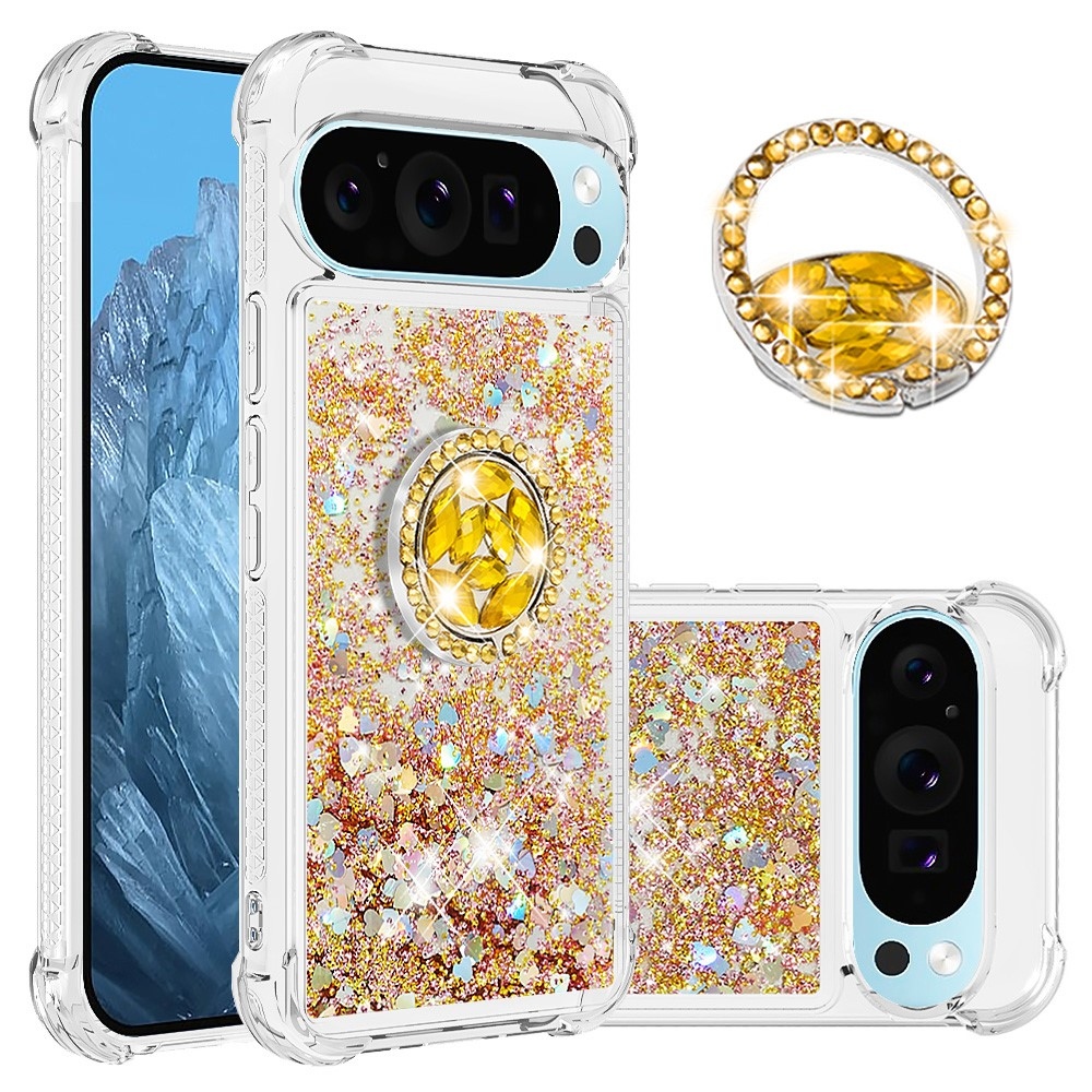 Glitt presýpací gélový obal s krúžkom na prst na Google Pixel 10 - zlatý/srdiečka