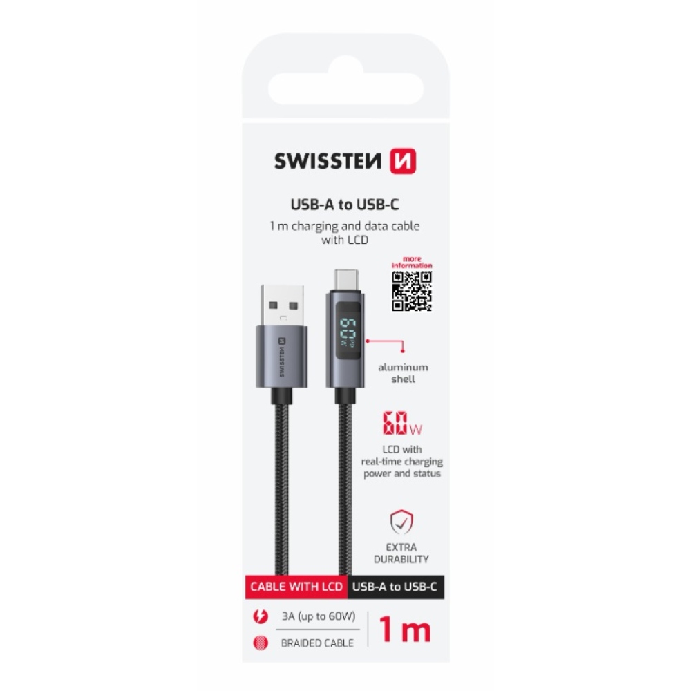 Swissten LCD kábel USB-A / USB-C 1m