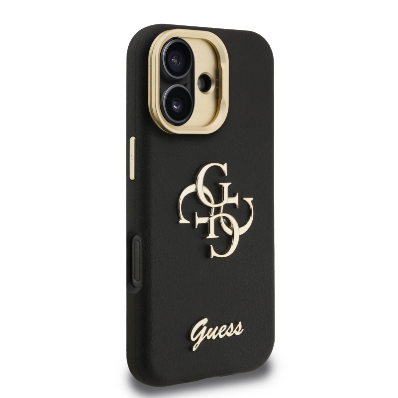 Guess PU Grained 4G Logo Stand Camera Frame Zadný Kryt pre iPhone 16 Black