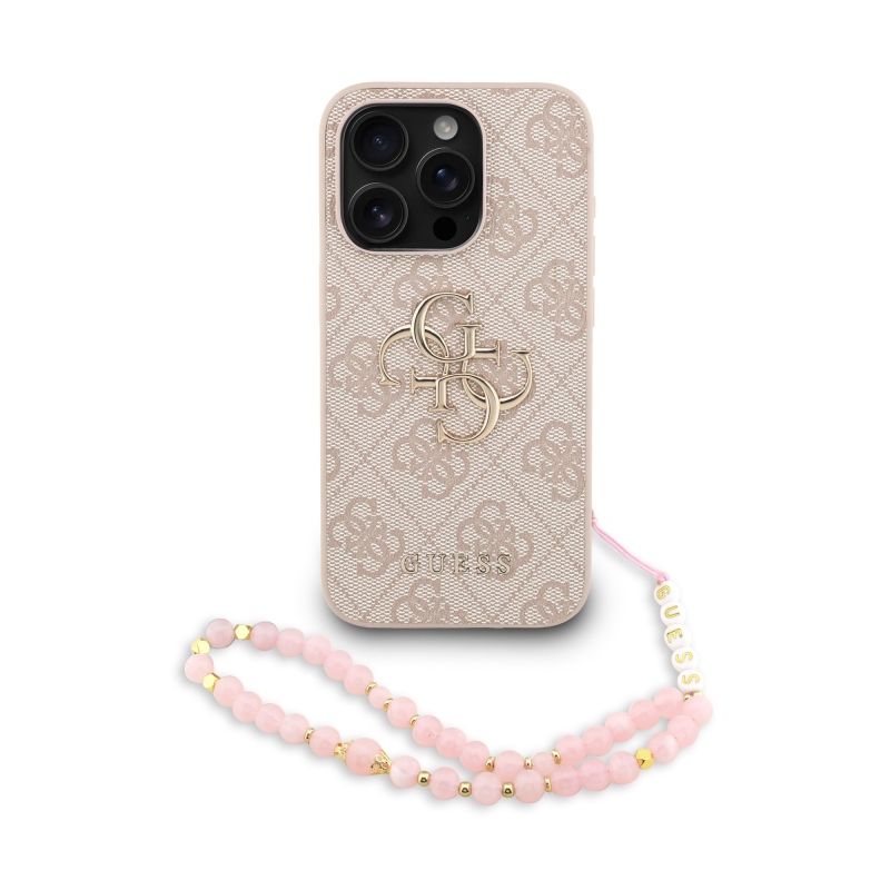Guess PU 4G Metal Logo Strap Zadný Kryt pre iPhone 15 Pro Max Pink