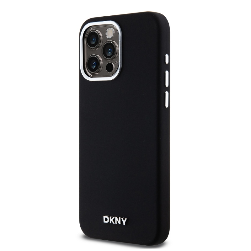 DKNY Liquid Silicone Silver Metal Logo Magsafe Zadný Kryt pre iPhone 15 Pro Max Black