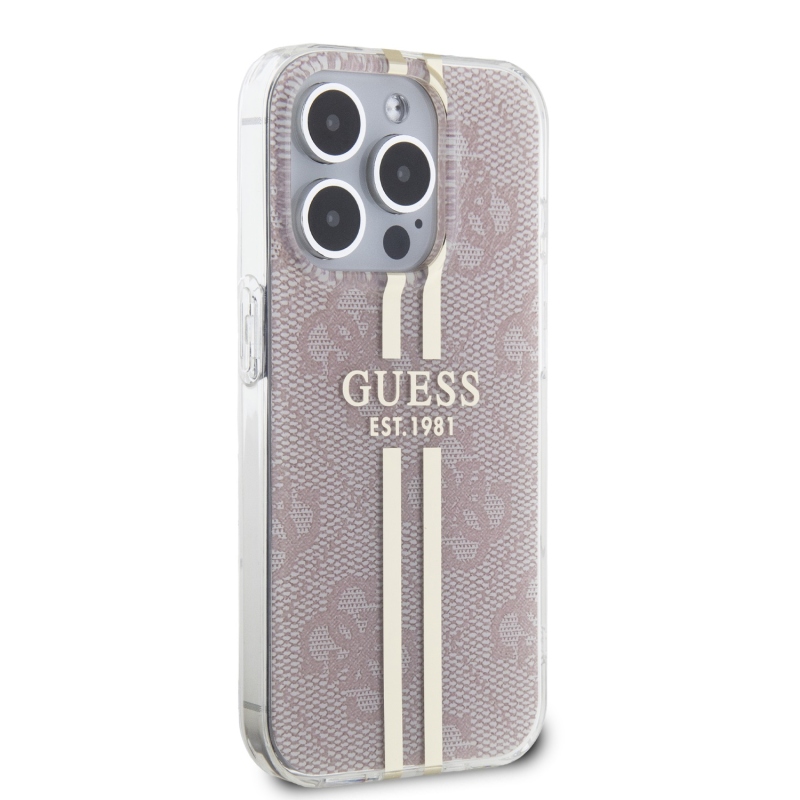 Guess IML 4G Gold Stripe Zadný Kryt pre iPhone 15 Pro Pink