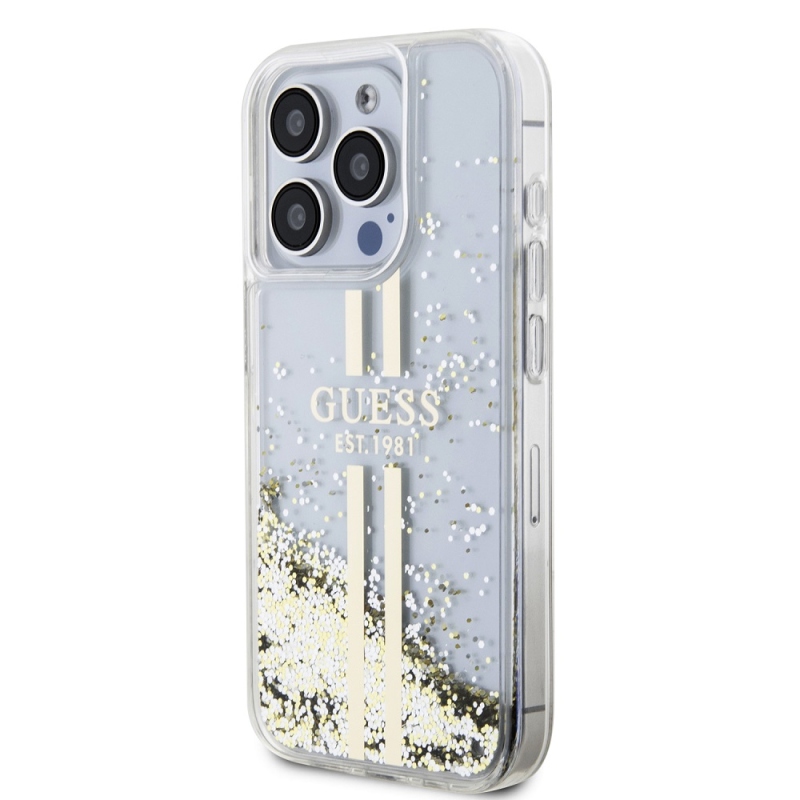 Guess PC/TPU Liquid Glitter Gold Stripe Zadný Kryt pre iPhone 15 Pro Max Transparent