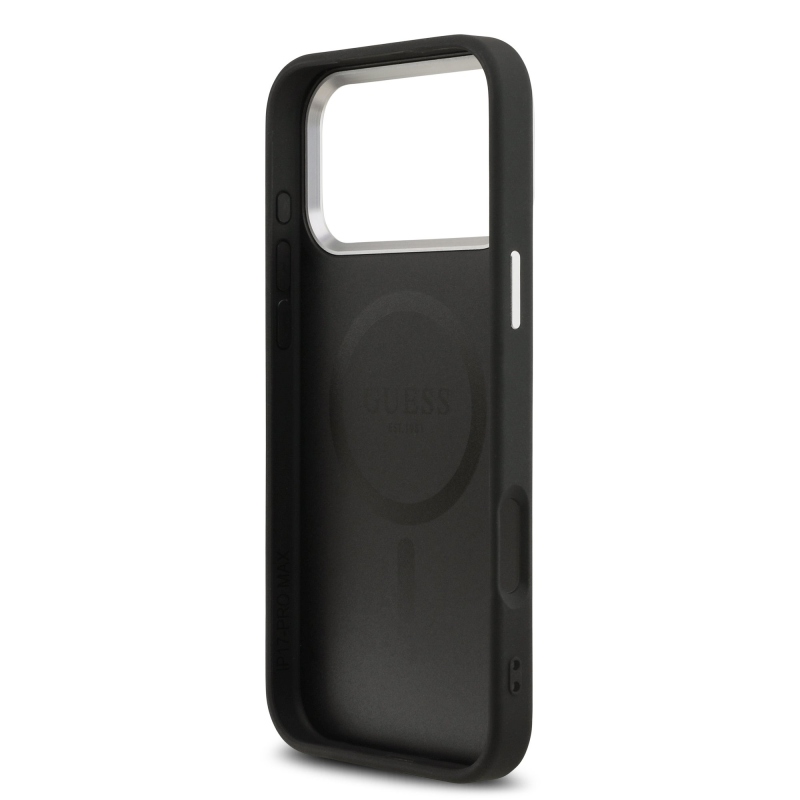Guess PU kožený zadný kryt MagSafe s trojuholníkovým logom pre iPhone 17 Pro Black