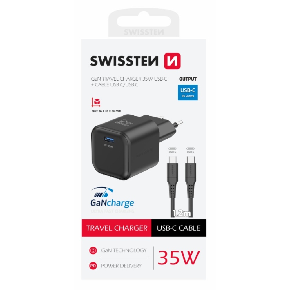 Nabíjačka Swissten GaN 1x USB-C 35W power delivery + kábel USB-C/USB-C 1,2m - čierna