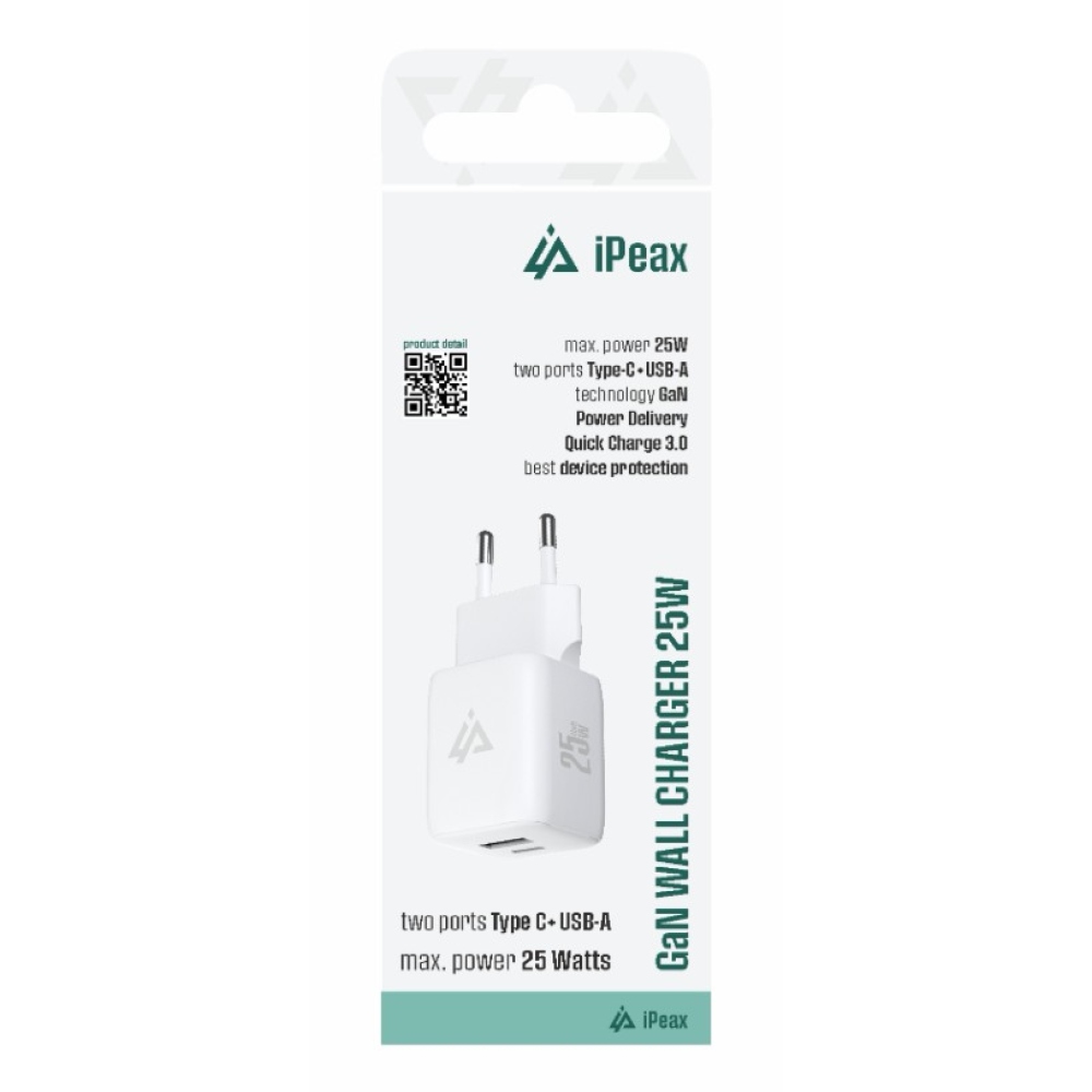 iPEAX GaN Sieťová nabíjačka 25 W, 1x USB-C a 1x USB-A - biela