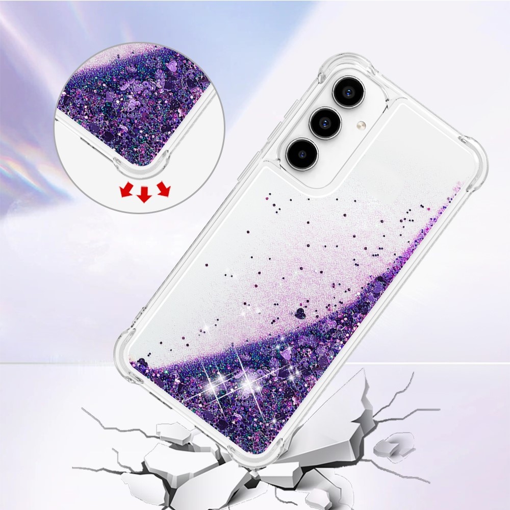 Glitter gélový presýpací obal na Samsung Galaxy A35 5G - tmavofialový/srdiečka