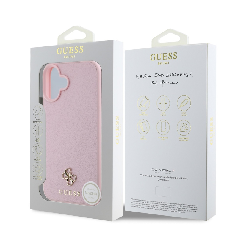 Guess PU Grained 4G Small Metal Logo MagSafe Zadný Kryt pre iPhone 16 Pink