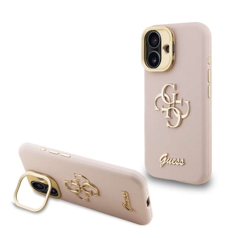 Guess PU Grained 4G Logo Stand Camera Frame Zadný Kryt pre iPhone 16 Pink