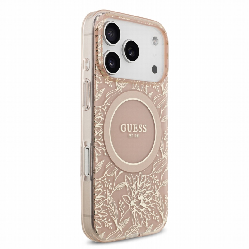 Guess IML Flowers Allover Strap MagSafe zadný kryt pre iPhone 18 Pro, ružový