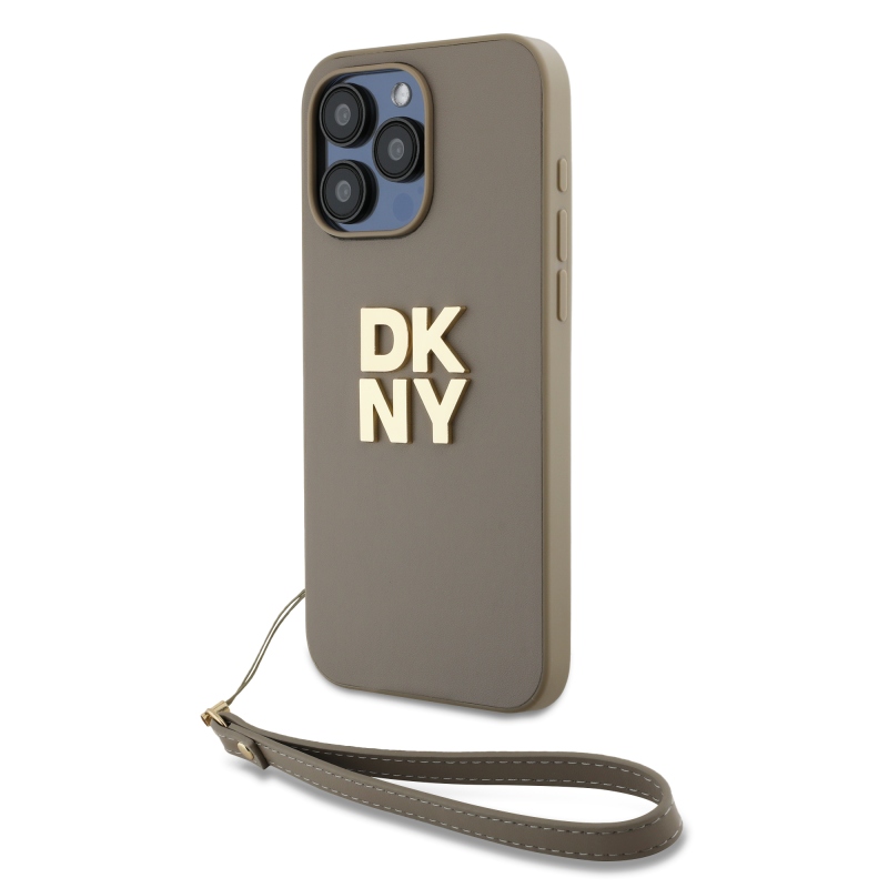 DKNY PU Leather Stack Logo Wrist Strap Zadný Kryt pre iPhone 15 Pro Beige