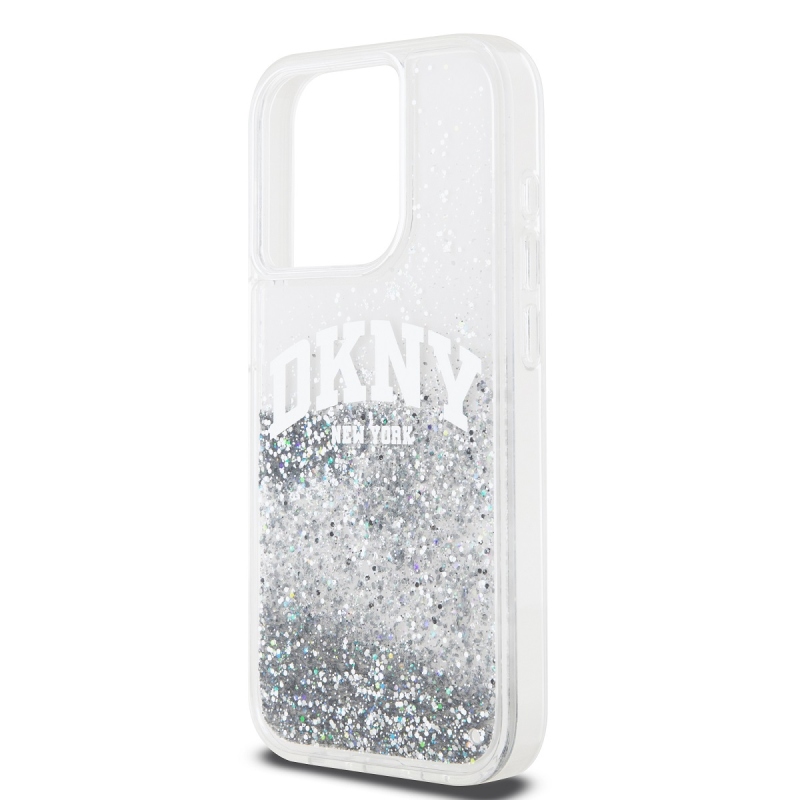 DKNY Liquid Glitter Arch Logo Zadný Kryt pre iPhone 14 Pro Transparent