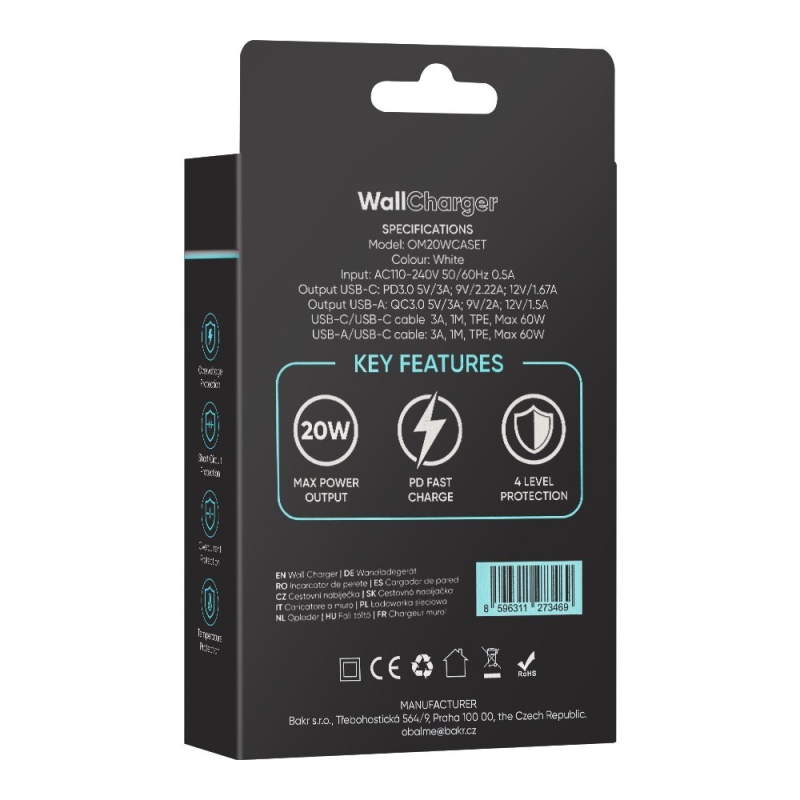 OBAL:ME Cestovná Nabíjačka USB-A + USB-C 20W + 2x kábel 1m White