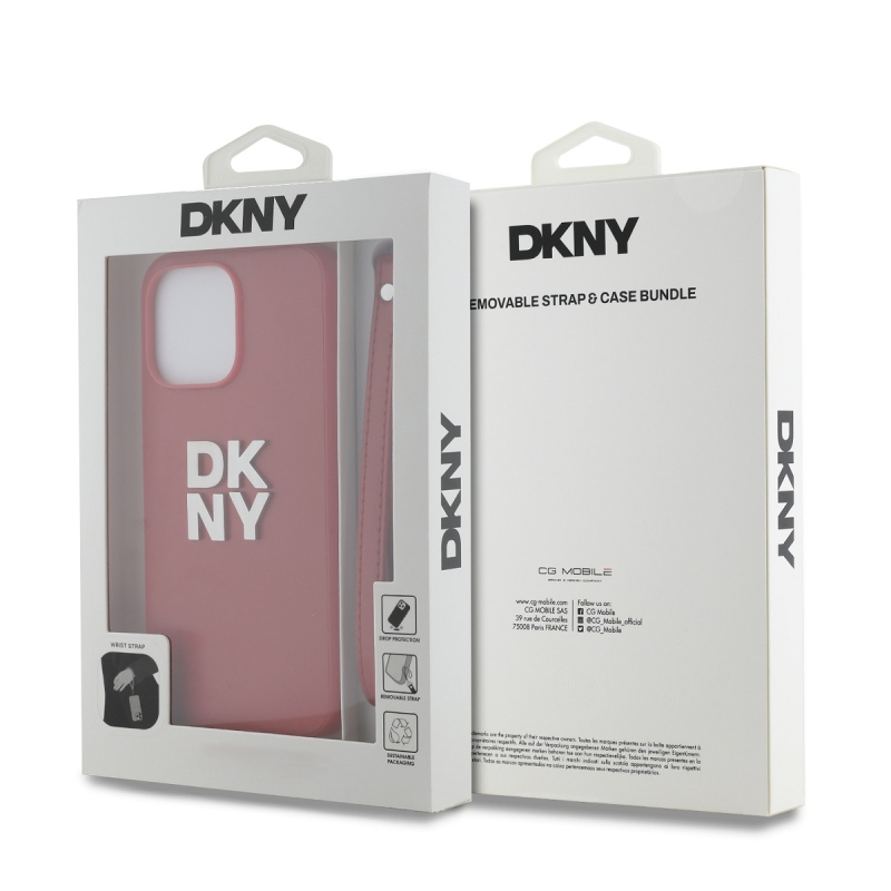 DKNY PU Leather Stack Logo Wrist Strap Zadný Kryt pre iPhone 15 Pro Max Red