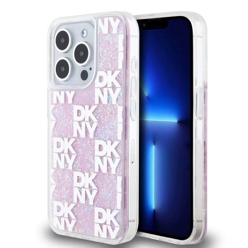 DKNY Liquid Glitter Checkered Pattern Zadný Kryt pre iPhone 15 Pro Pink