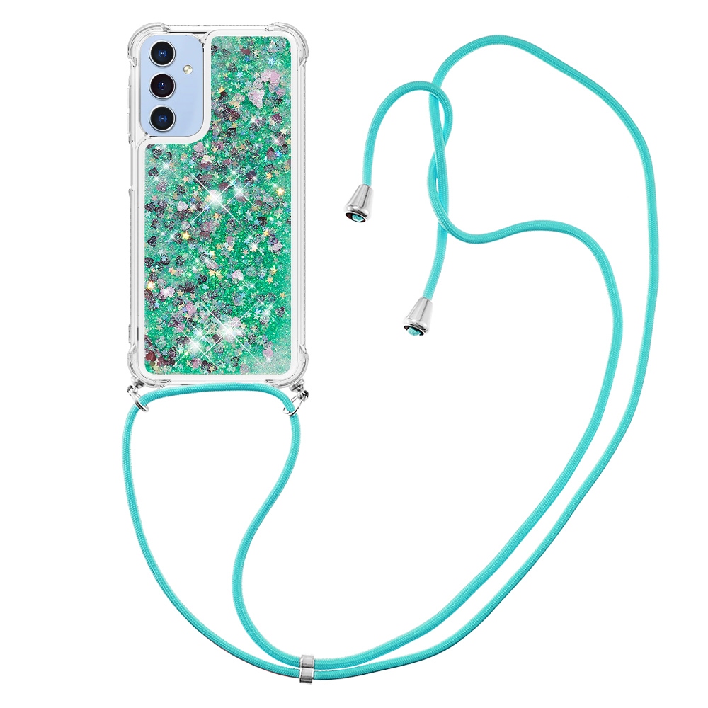 Glitters presýpacie gélový obal so šnúrkou na Samsung Galaxy A17 5G - zelený/srdiečka