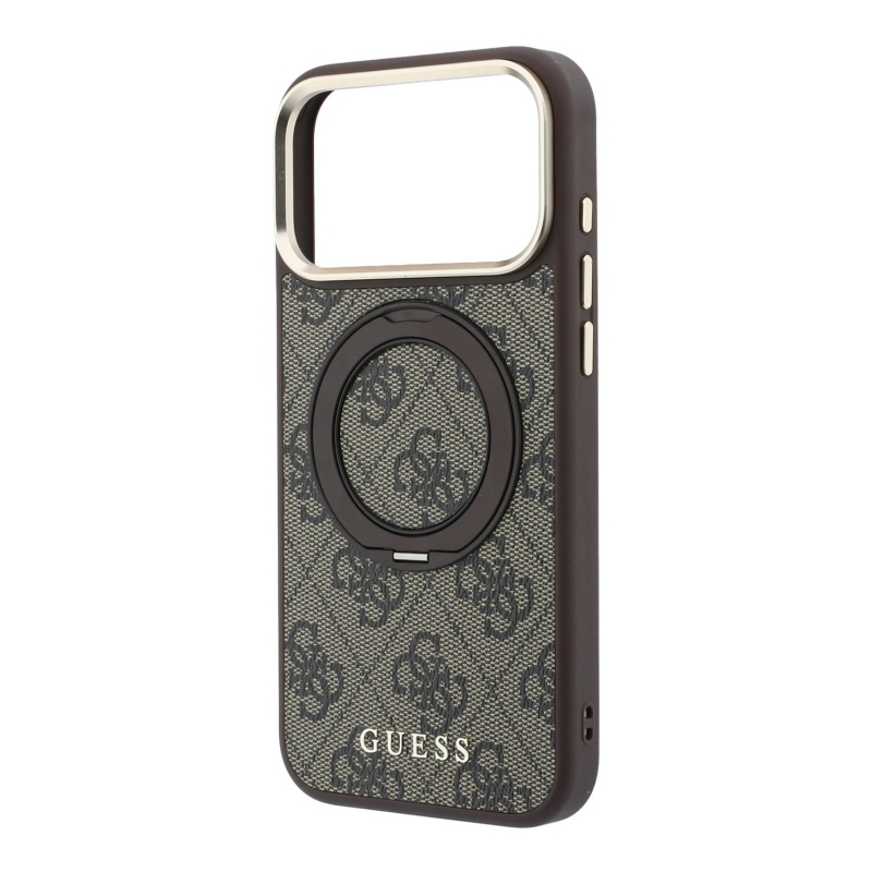 Guess PU 4G Ring Stand MagSafe zadný kryt pre iPhone 18 Pro, hnedý