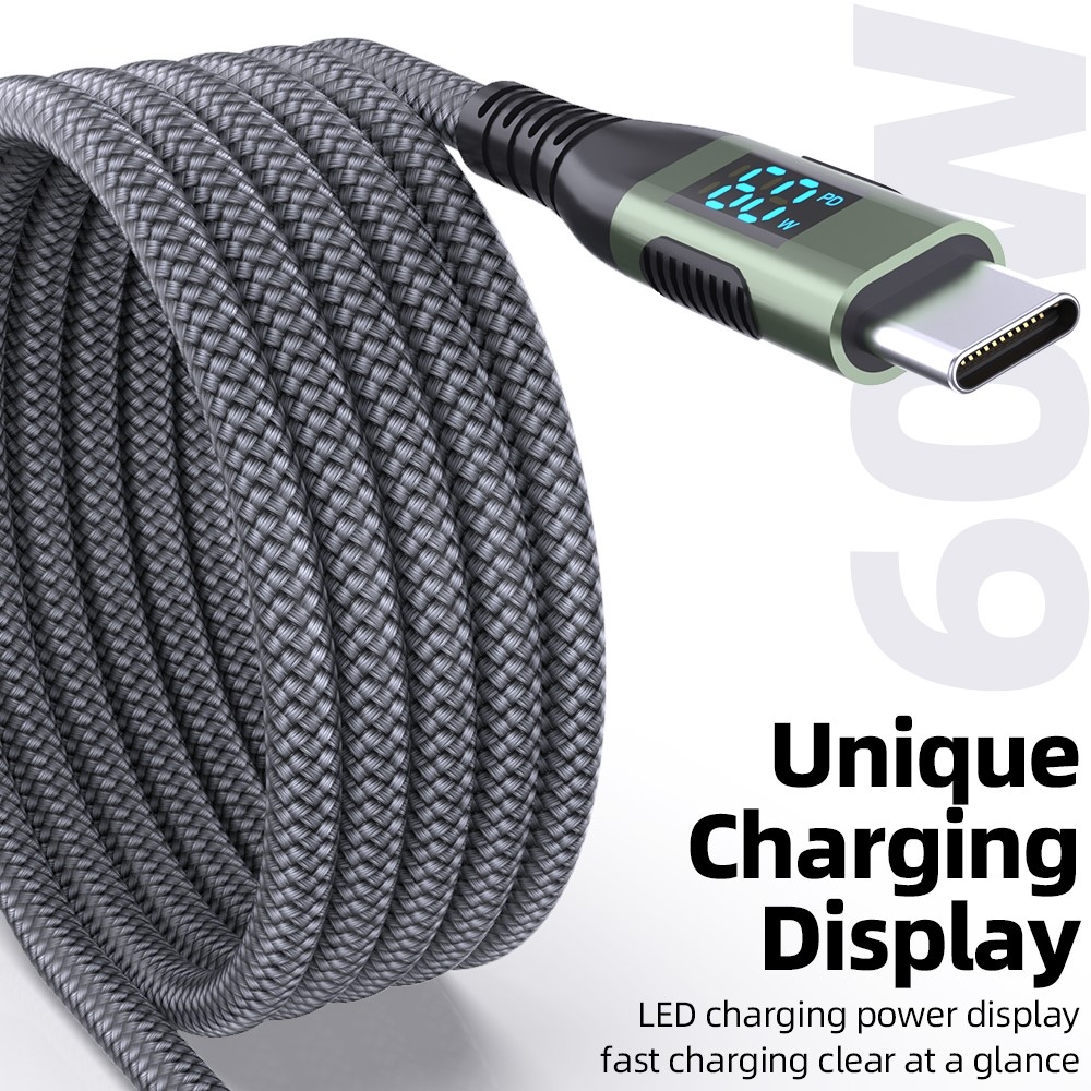 Nylonový kábel USB-C / USB-C s displejom 3m 60W - šedý