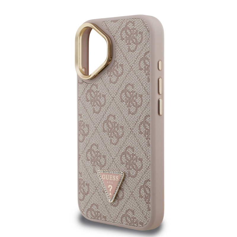 Guess PU 4G Strass Triangle Logo Stand Camera Frame MagSafe Zadný Kryt pre iPhone 16 Pink