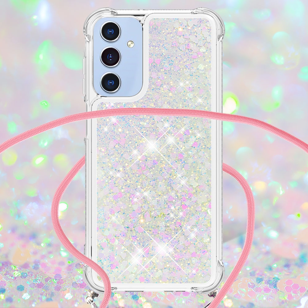 Glitters presýpacie gélový obal so šnúrkou na Samsung Galaxy A17 5G - ružovo strieborný/srdiečka