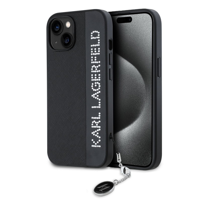 Karl Lagerfeld PU Saffiano Rhinestone Charm Zadný Kryt pre iPhone 14 Black