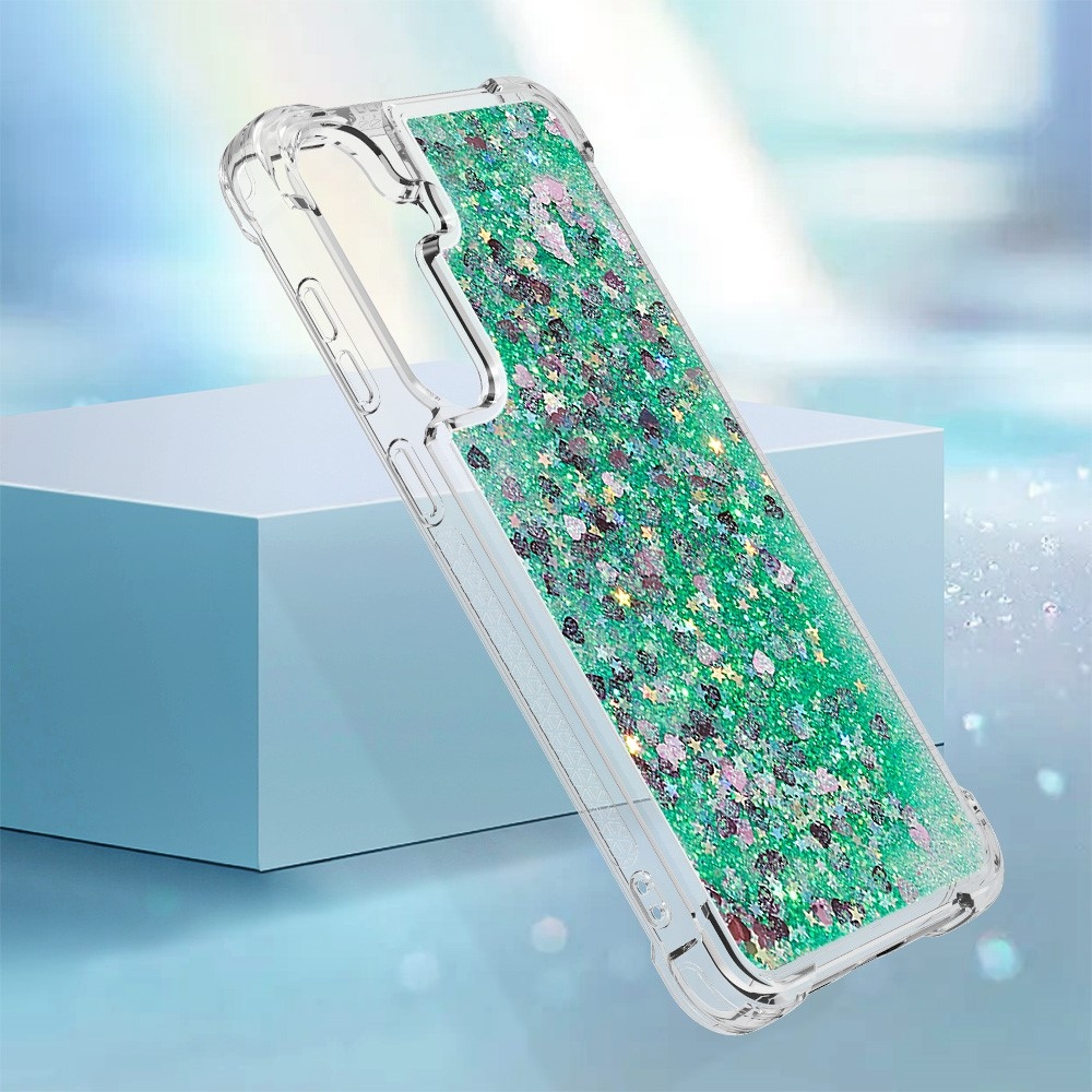 Glitter presýpací gélový obal na Samsung Galaxy S24 - zelený/srdiečka