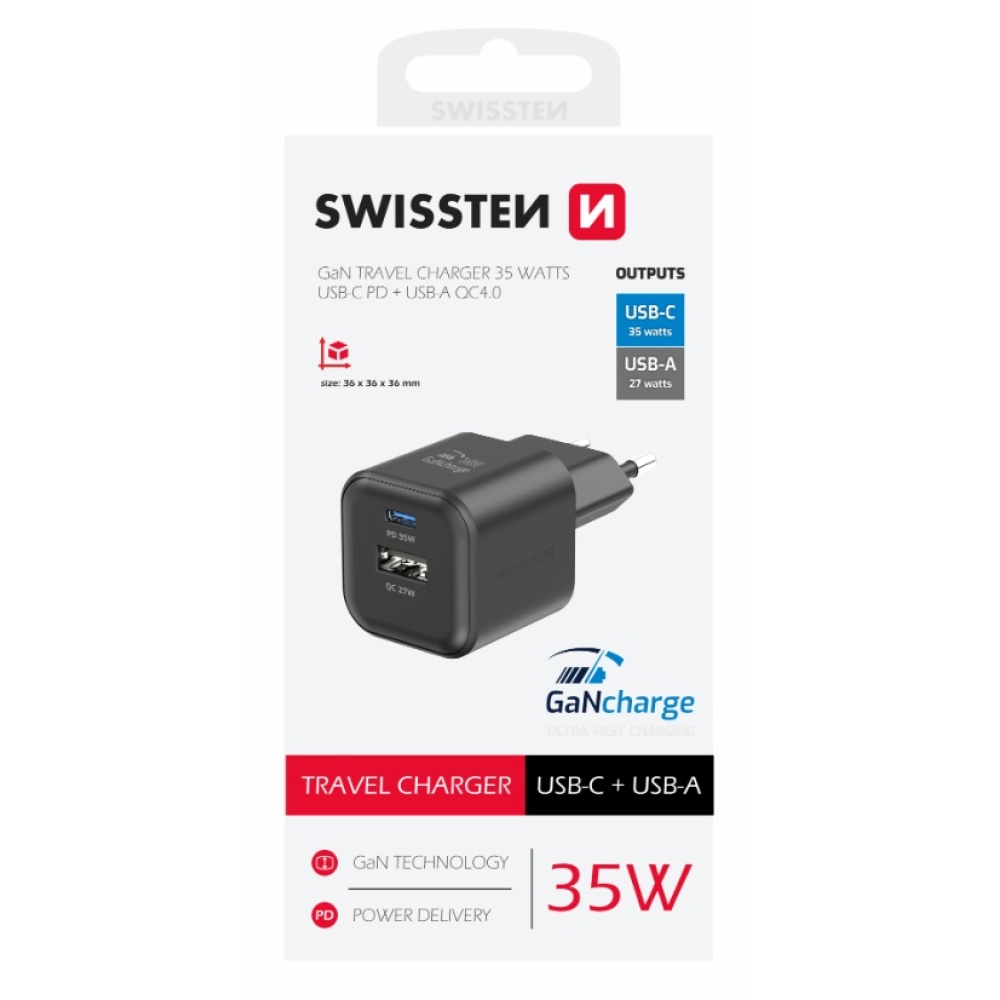 Nabíjačka Swissten GaN 1x USB-C 35W PD + 1x USB-A 27W QC - čierna