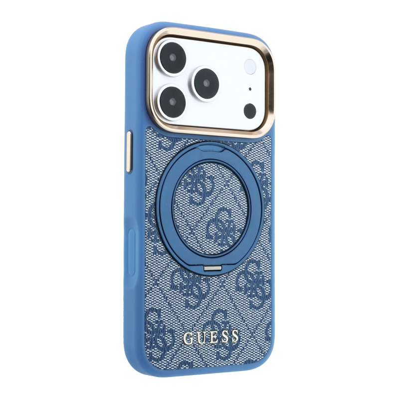 Guess PU 4G Ring Stand MagSafe zadný kryt pre iPhone 18 Pro, modrý
